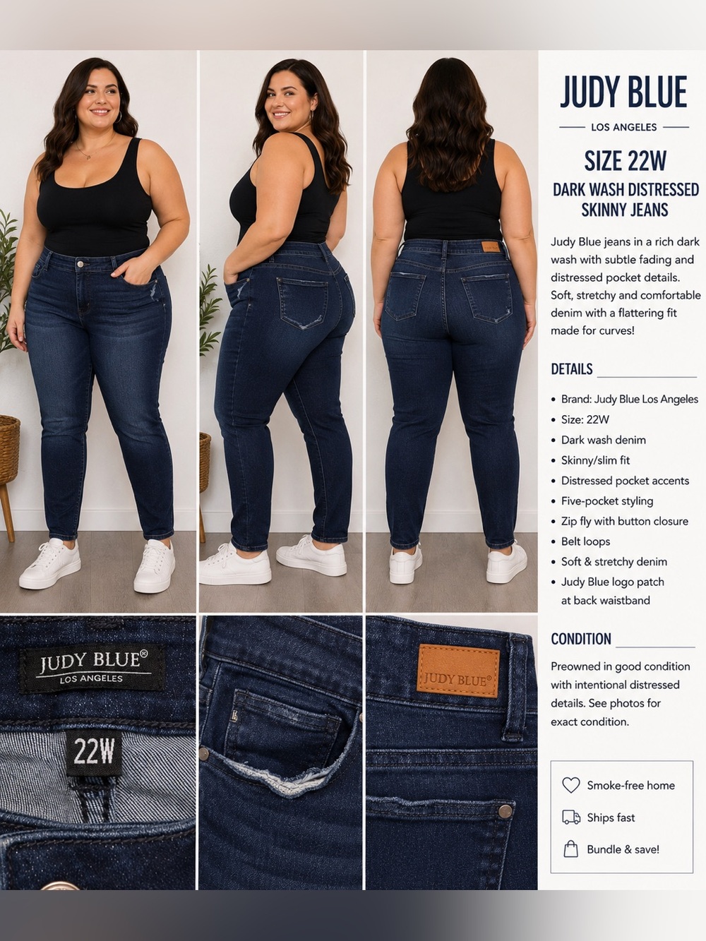 Judy Blue 22W Dark Wash Distressed Pocket Stretch Skinny Jeans Plus Size